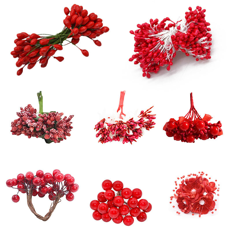 Flor roja de Navidad, estambre de flores artificiales, bayas de cereza, Corona de Navidad artesanal, suministros de decoración del hogar para fiesta de boda