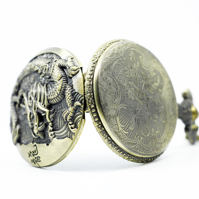 Vintage Bronze Chinese Style wzór smoka kieszonkowy zegarek kwarcowy z łańcuchem naszyjnik najlepszy prezent CF1039