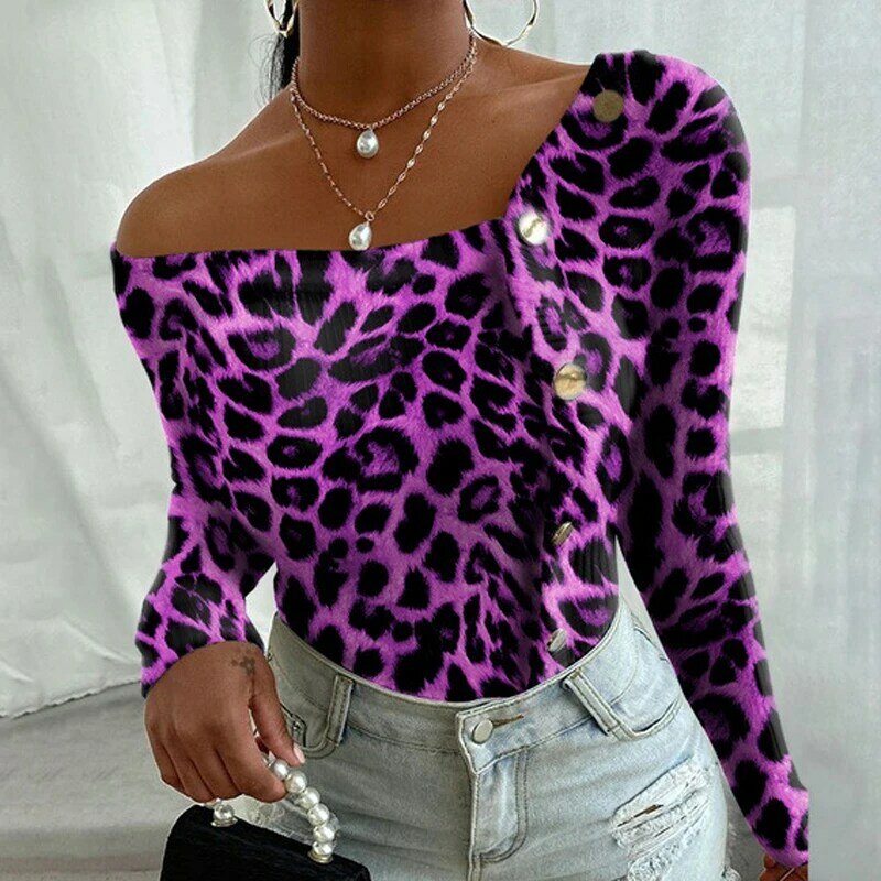 Camisa feminina casual com botões, blusa feminina slim com estampa de leopardo e gola redonda