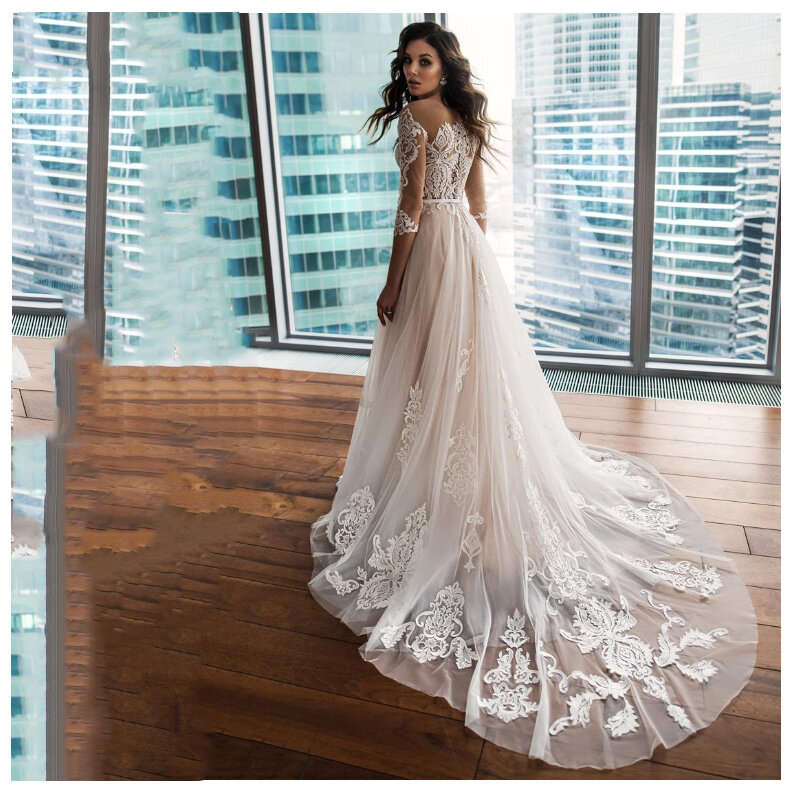 YunShang Elegant 3/4 Sleeve Wedding Dress Women 2024 A-Line Lace Appliques Button Belt Train Tulle Bridal Gown Vestidos De Noiva