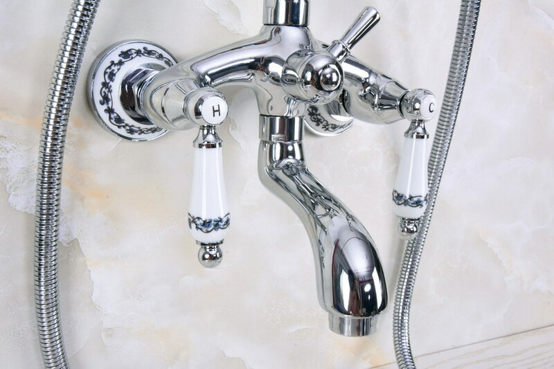 Grifos de ducha cromados para bañera, grifería de doble manija montada en la pared, grifo de ducha con ducha de mano, zna244