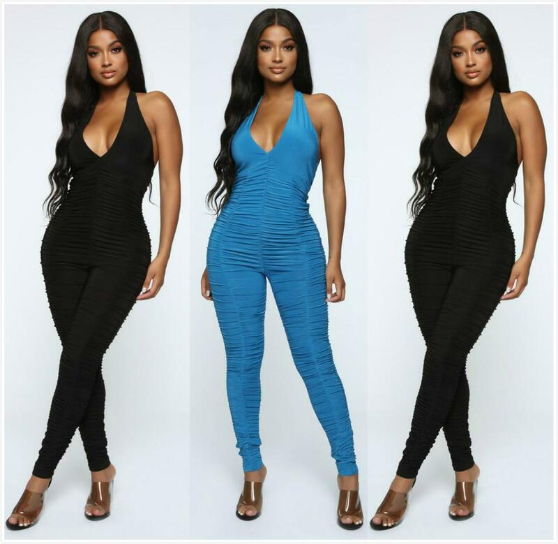 BKLD Fashion Women Sexy V-neck Ruched Halter Jumpsuit 2019 Summer Soild Skinny Backless Rompers Clubwear New Long Pants Jumpsuit