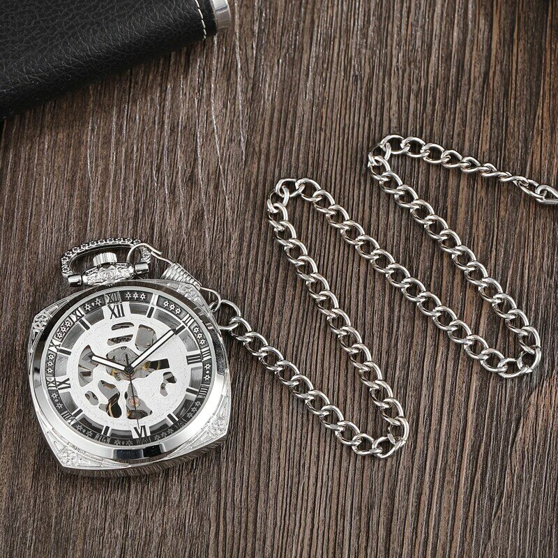 Vintage Fob zegar Retro kwadratowa tarcza stali nierdzewnej mechaniczny zegarek kieszonkowy mężczyźni Hollow szkielet Steampunk wisiorek zegarki dla kobiet mężczyzn