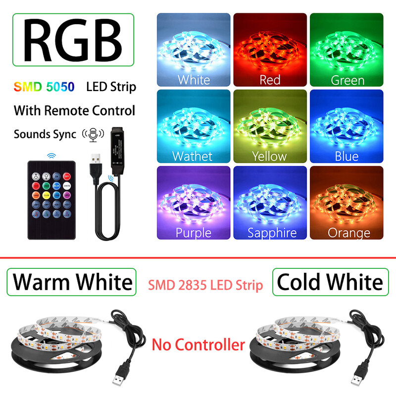 LED Strip Light 2835 5050 USB Bluetooth lampada flessibile nastro 3key sensore audio nastro RGB 1M 2M 3M 4M DC5V decorazione retroilluminazione TV