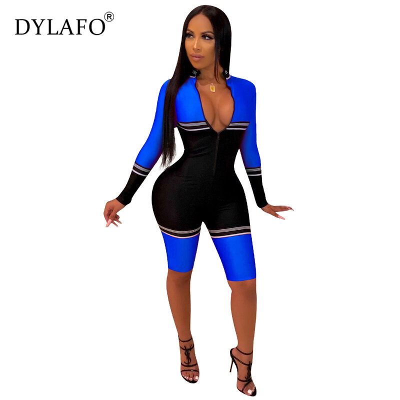2019 Volledige Mouw Patchwork Sexy Fall Winter Vrouwen Jumpsuit Trainingspak Outfit Zip Bodycon Fashion Rompertjes Casual Overalls Jumpsuit