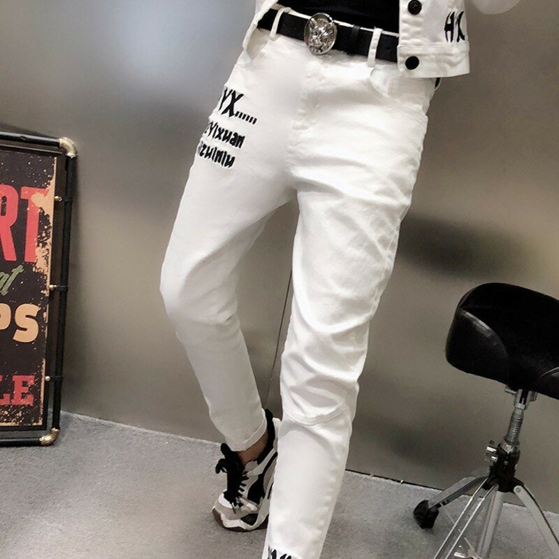 Женский джинсовый костюм с вышивкой букв, однобортный жакет с длинным рукавом и лацканами, брюки-султанки белого цвета, комплект из 2 предметов на весну