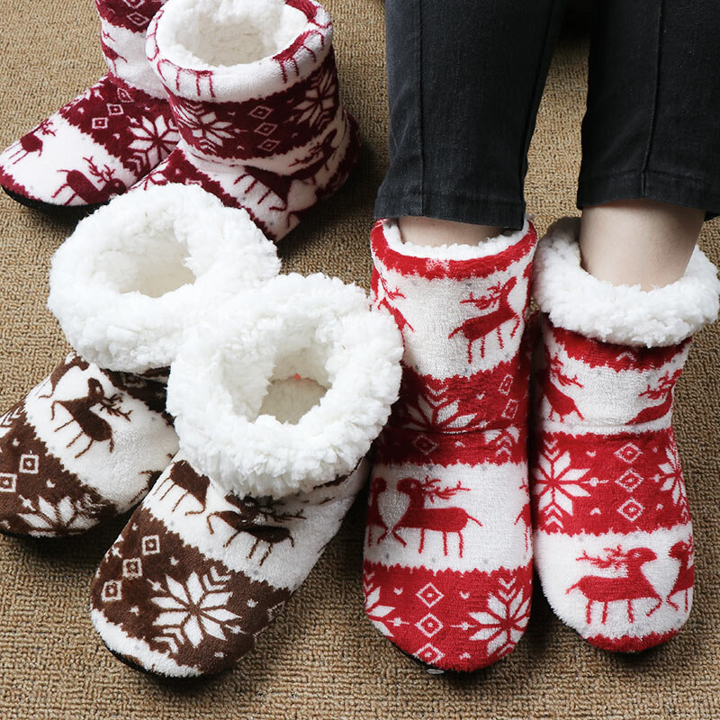 Weihnachten Elch Indoor Socken Schuhe Frauen Weihnachten Geschenk Hause Hausschuhe Winter Warme Pelz Rutschen Damen Plüsch Boden Socke