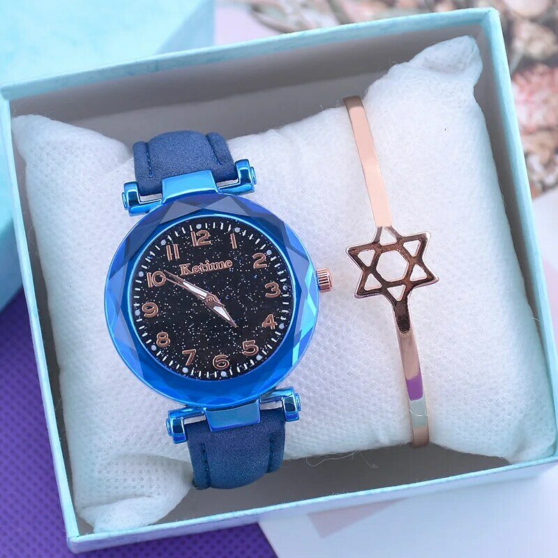 Relógio de pulso feminino de ouro roxo, relógio de pulso estrelado com fivela magnética elegante e luxuosa, novo, 2020
