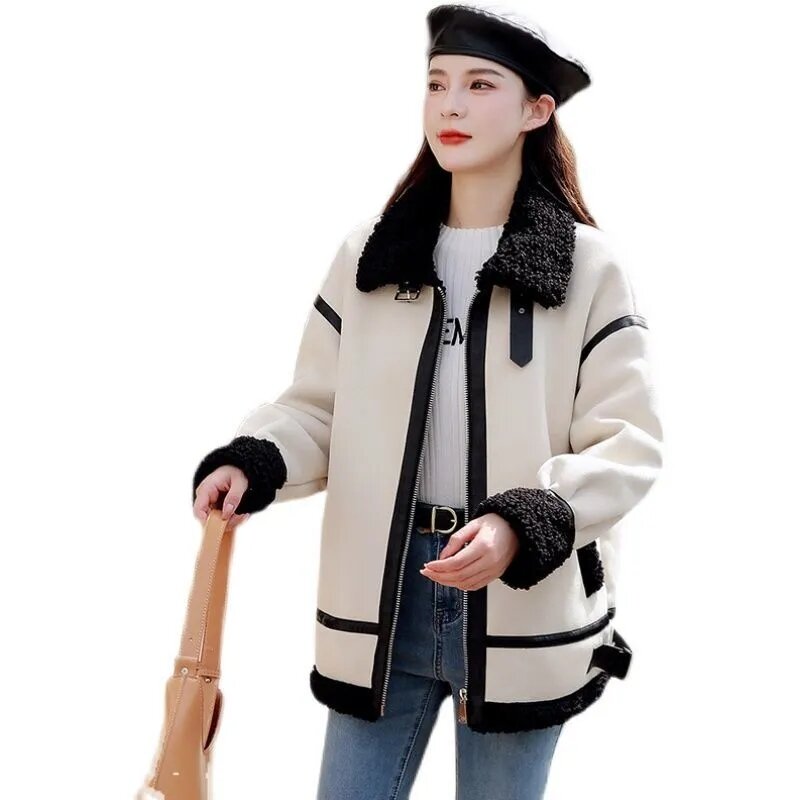 Inverno de luxo do vintage falso cordeiro lã casaco de pele das mulheres nova moda coreana engrossar quente casaco retalhos motocicleta solta curto jaqueta