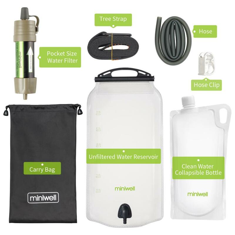 Miniwell-Outdoor Gravity Water Filter System para Caminhadas, Camping, Sobrevivência e Viagens