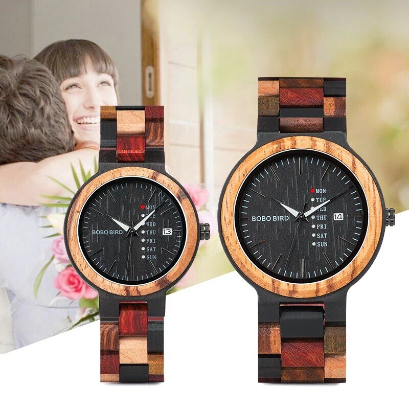 Relógio de madeira BOBO BIRD para homens e mulheres, P14, amantes, casal, elegante relógio de pulso de quartzo de luxo, exibição de semana e calendário, pulseira de madeira colorida, logotipo personalizado com caixa