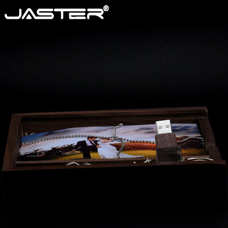 JASTER USB2.0 صندوق خشب الجوز (170*170) قرص فلاش الكريستال القلم محرك 4G 8G 16G 32G 128GB 64G U القرص هدية تذكارية الزفاف