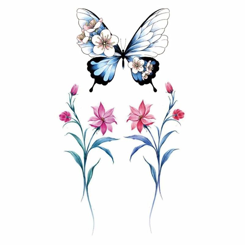 Stiker tato tahan air modis, stiker tato palsu efek sementara pola seni kupu-kupu mawar, stiker tubuh alternatif dapat dicuci