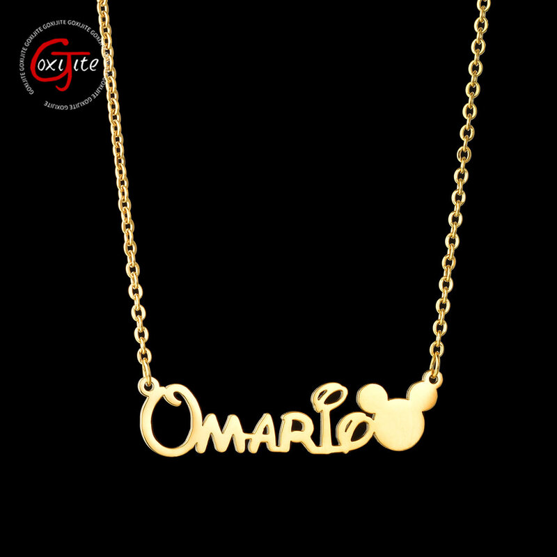 Goxijite Customized Name Necklace For Women Kid Cartoon Mickey Personalized Nameplate Stainless Steel Necklaces Party Gift