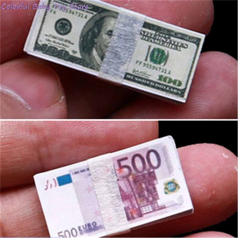 Criativo Mini Dólares Euro Money Notas para Crianças, Brinquedos Dólares, Presentes Dollhouse, Acessórios em Miniatura, Escala 1:12