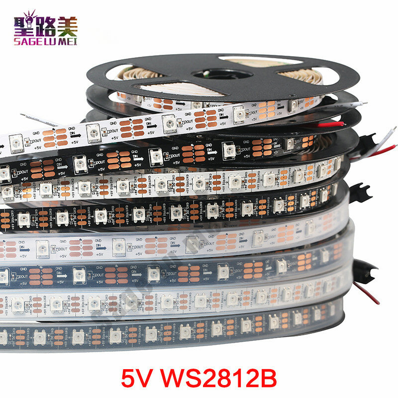 Fita LED Smart RGB Pixel, Fita endereçável individualmente, Preto e branco, PCB IP30/65/67, DC5V, WS2812B, WS2812, 1m, 5m