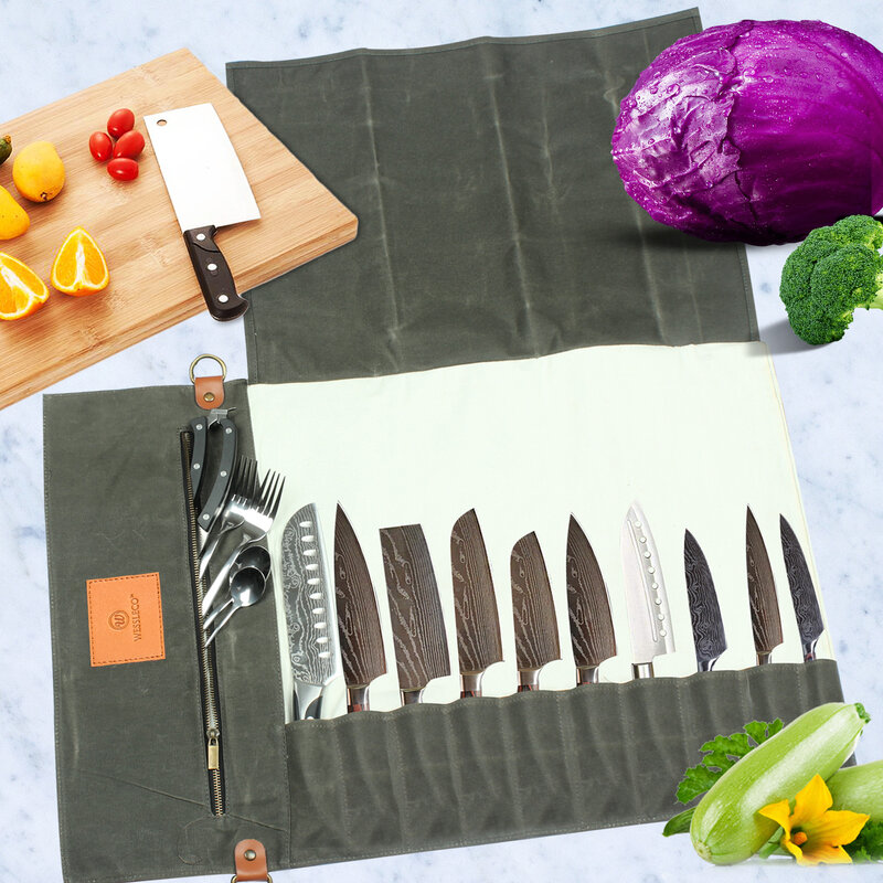 Wesleco-rollo multifuncional para cuchillos de Chef, bolsa portátil y duradera, bolsillos de almacenamiento para Cocina