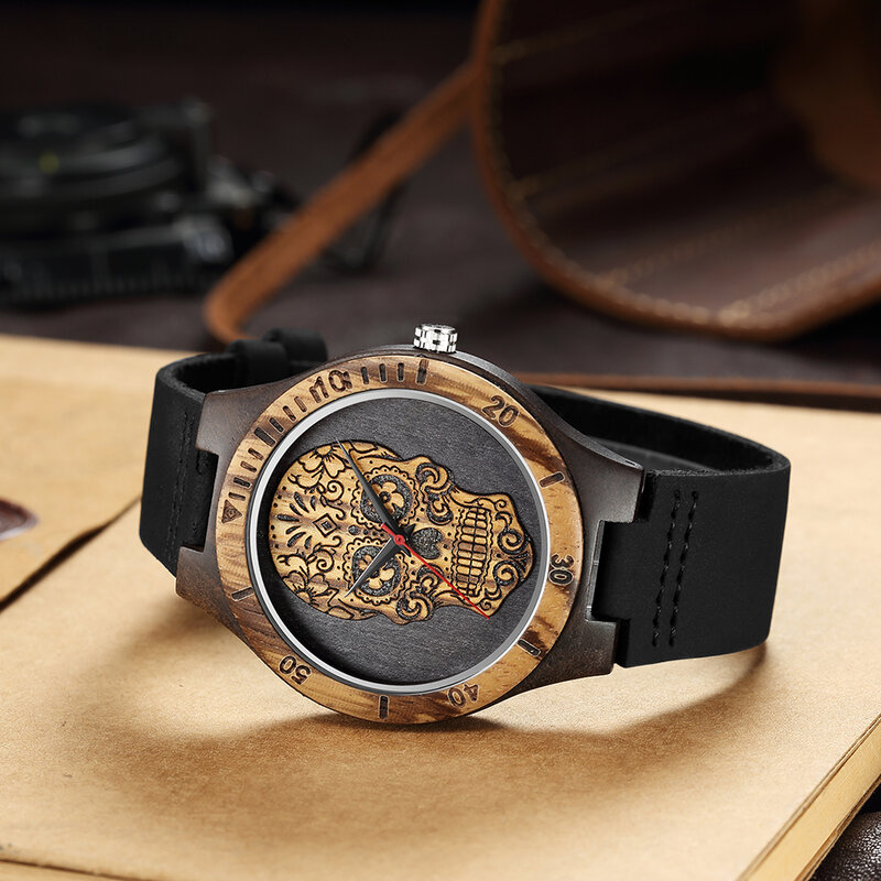 Reloj de madera con cabeza de calavera Steampunk para hombre, reloj masculino con esqueleto grabado, reloj de esfera Punk Rock de México