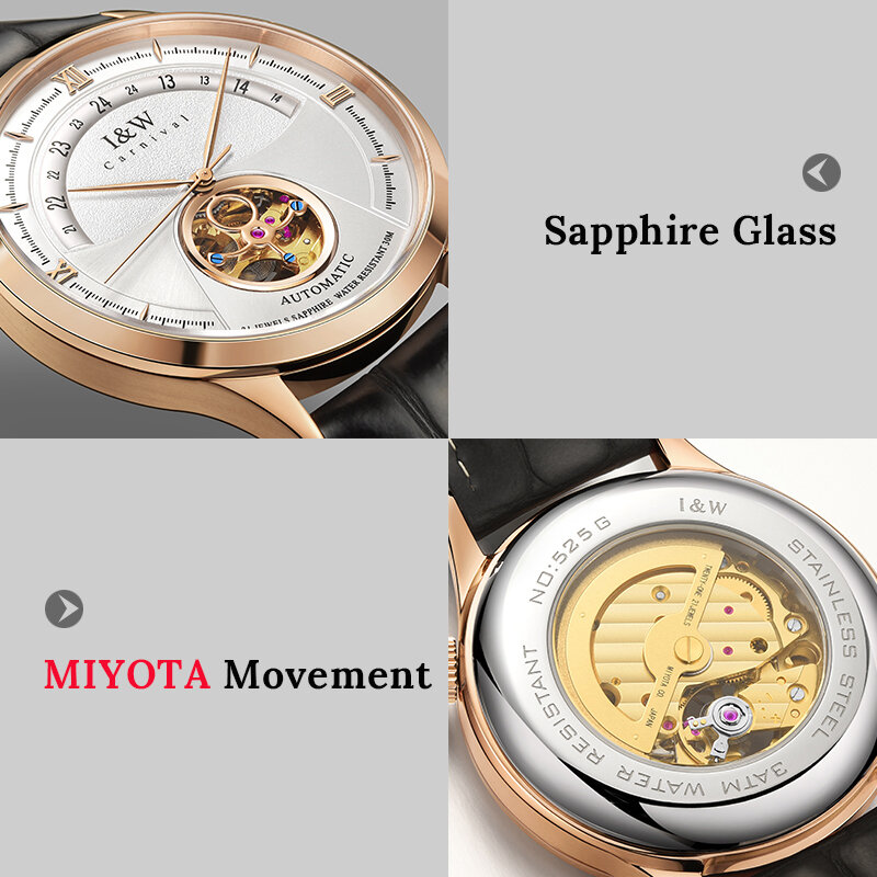 Montre Homme 2021สวิตเซอร์แลนด์ I & W แฟชั่น Tourbillon นาฬิกา MIYOTA การเคลื่อนไหวอัตโนมัตินาฬิกาผู้ชายไพลินกันน้ำอิตาลี Cowhide