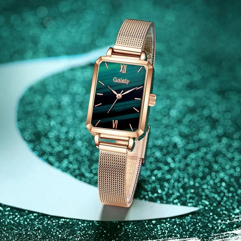 Gaiety-Relógio de quartzo quadrado e pulseira para mulheres, moda feminina, mostrador verde, malha simples de ouro rosa, marca de luxo