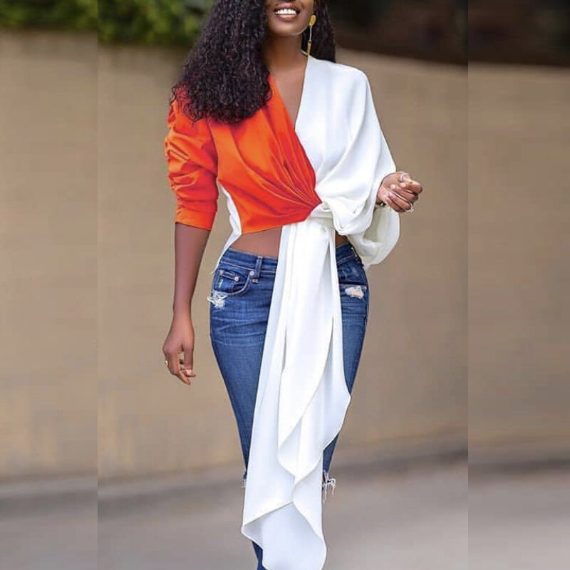 Women Blouse Patchwork White Orange Irregular Length V Neck Sashes Casual Fashion Autumn Lady Classy Tops Shirt Bluas Plus Size