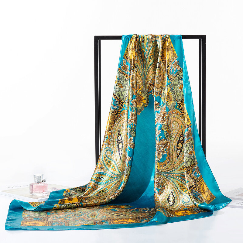 Szale jedwabne materiał podobny do jedwabiu szalik moda damska wzór duży kwadratowy satynowy chustka 90*90cm muzułmańska głowa Hijabs Wrap