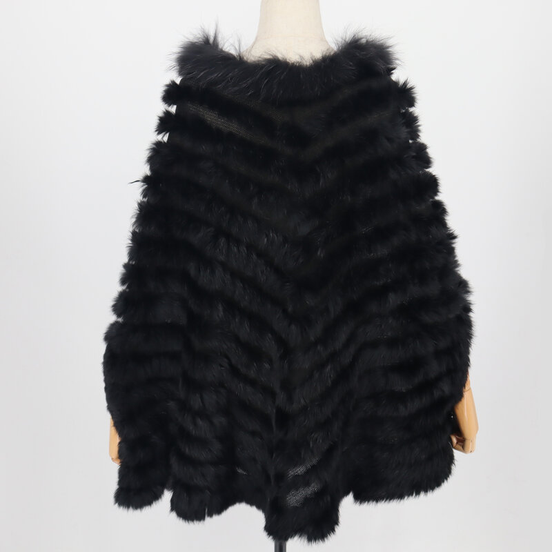 2021 Women Rabbit Fur Raccoon Fur Poncho Knitted Pullover Cape Real Fur Knitting Wraps Shawl Big Shawl