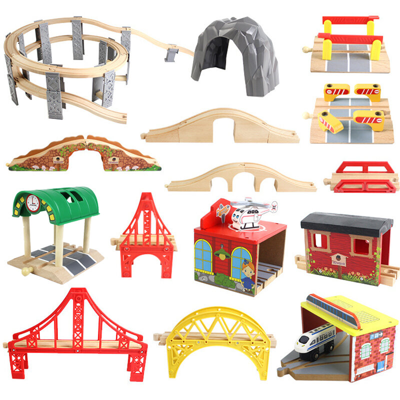 Pista de tren de madera de haya, accesorios de túnel de puente de ferrocarril aptos para piezas de tren de madera Brio, juguetes educativos para niños, regalos