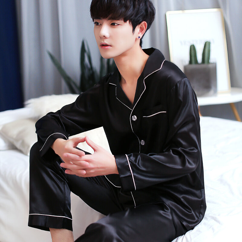 CAIYIER-Conjunto de pijama de seda para hombre, ropa de dormir de manga larga de Color sólido, estilo moderno, suave, suelta, para el hogar, L-3XL