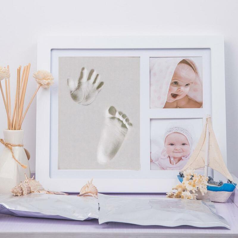 Kuulee bebê handprint pegadas comemorativas moldura da foto do bebê recém nascido mão e pé de madeira impressão óleo três grade moldura da foto