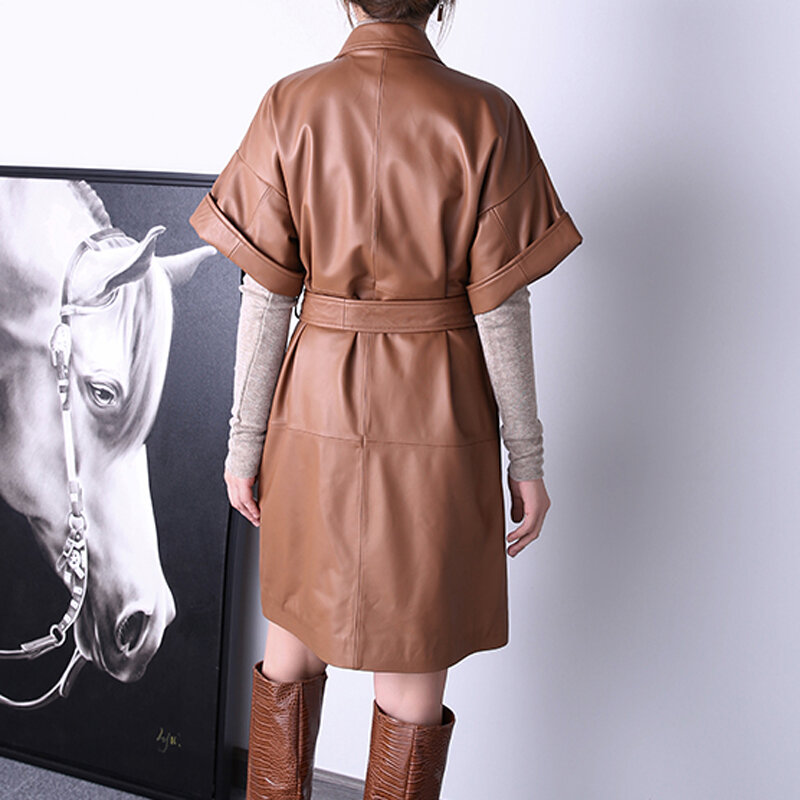 Abrigo de manga corta de cuero genuino para Mujer, chaqueta larga con cuello y bolsillos, suéter elegante, 2023