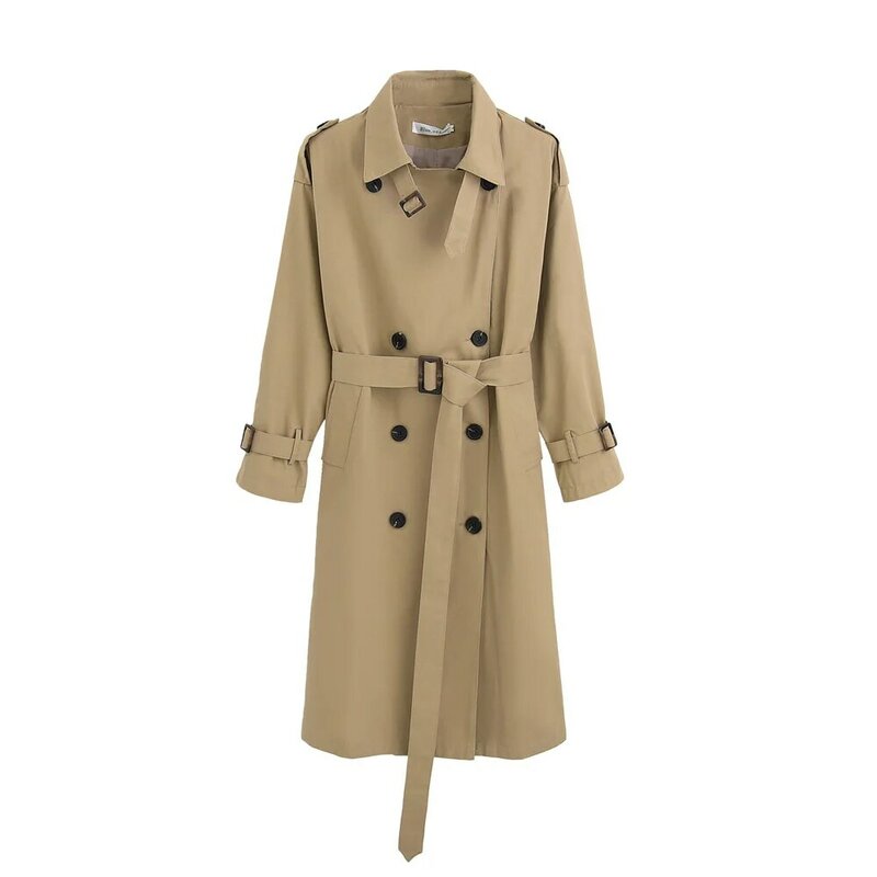 Trench coat feminino azul cáqui, casaco longo de duas peças com cinto, roupa de outono primavera tamanho grande