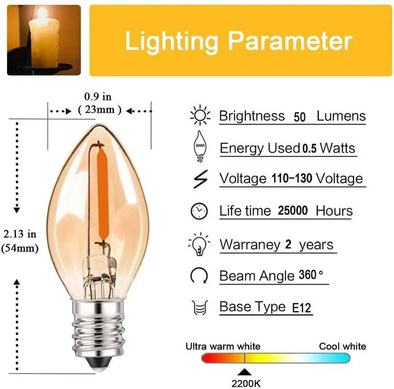 Lampadine notturne a LED C7 lampadario E12 E14 Base lampadine Decorative 0.5 watt lampadina piccola candela di natale 2200K vetro ambra