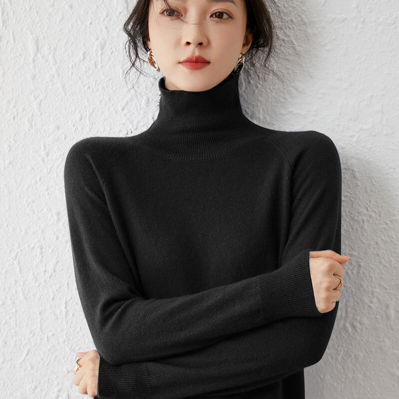 Женский свитер с высоким воротником, свободный шерстяной свитер в Корейском стиле, простой вязаный базовый свитер однотонного цвета для ос...