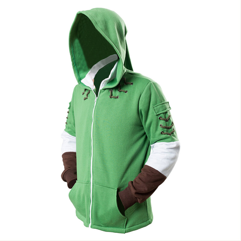 ผู้ใหญ่ Link คอสเพลย์ Hoodie สีเขียว Zip Up Hoodie Sweatshirt เสื้อแจ็คเก็ตแขนยาว Coat ชุดคอสเพลย์