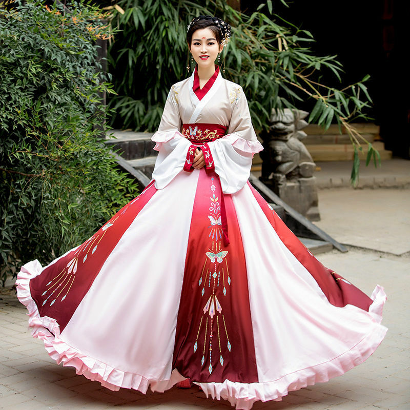 Традиционное китайское платье ханьфу, красные женские сказочные платья для народного танца, винтажные наряды, старинные сценические костюмы, костюмы принцессы для девочек