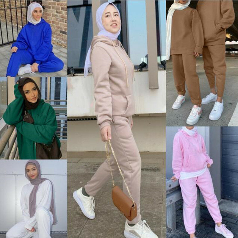 Winter new2pcsSets Passenden Outfit Sweatsuit Frauen Muslimischen Mode Lässig Mit Kapuze Tops Lange Hosen Sport Tragen Feste Farbe Trainingsanzug
