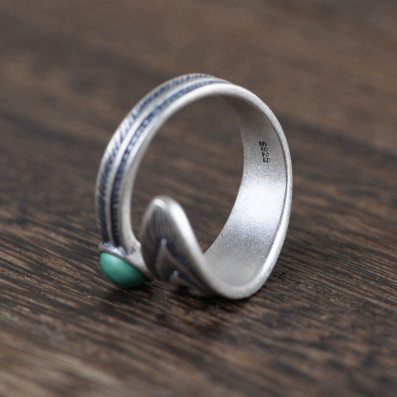 S925 srebro Retro malachitowe pierścienie z piór modele do pary otwarty pierścień z klejnotem