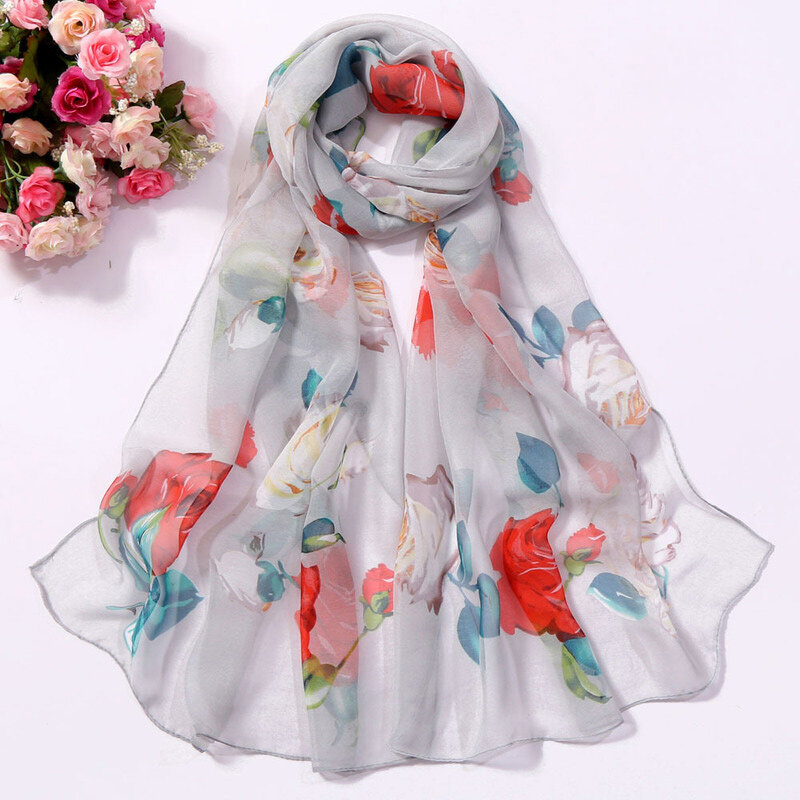Bufanda de seda con estampado Floral para mujer, chales largos y suaves que combinan con todo, Hijab protector solar para playa, primavera y verano