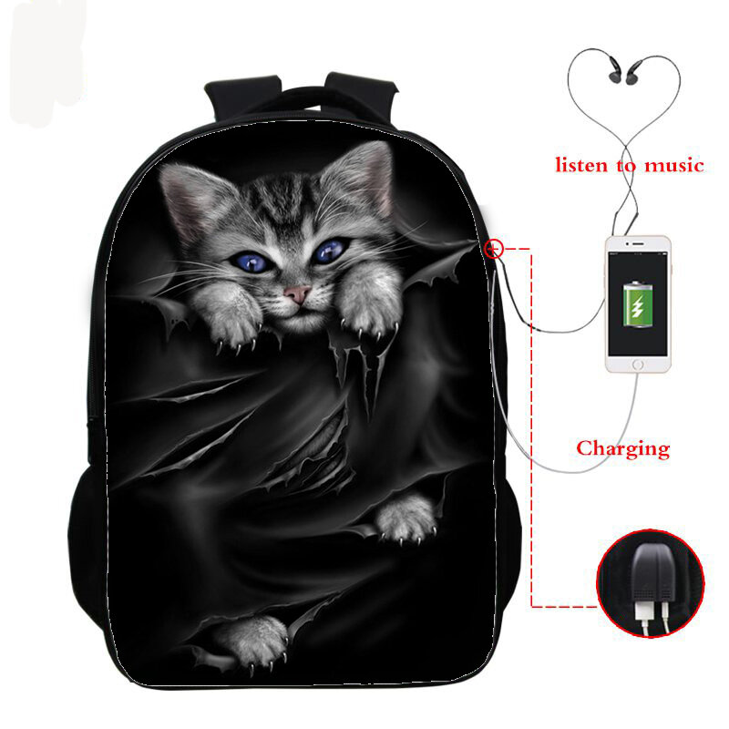 16 นิ้ว Cat กระเป๋านักเรียนเด็กกระเป๋าเป้สะพายหลังเด็กชายหญิง Mochila Infantil 3D Cat พิมพ์กระเป๋าชาร์จ USB