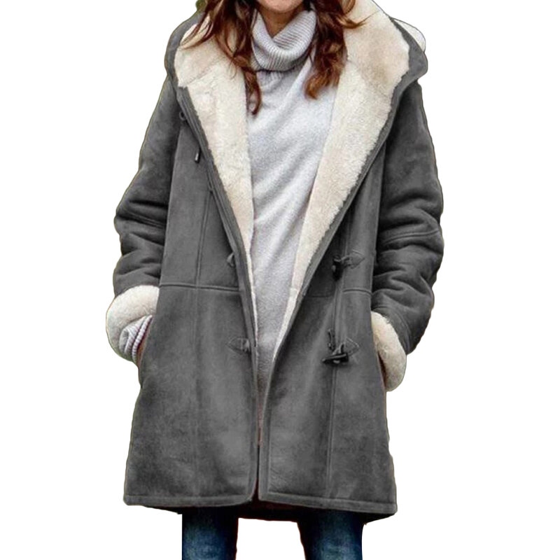 Casual feminino inverno cor sólida chifre fivelas forro de lã longo quente casaco com capuz