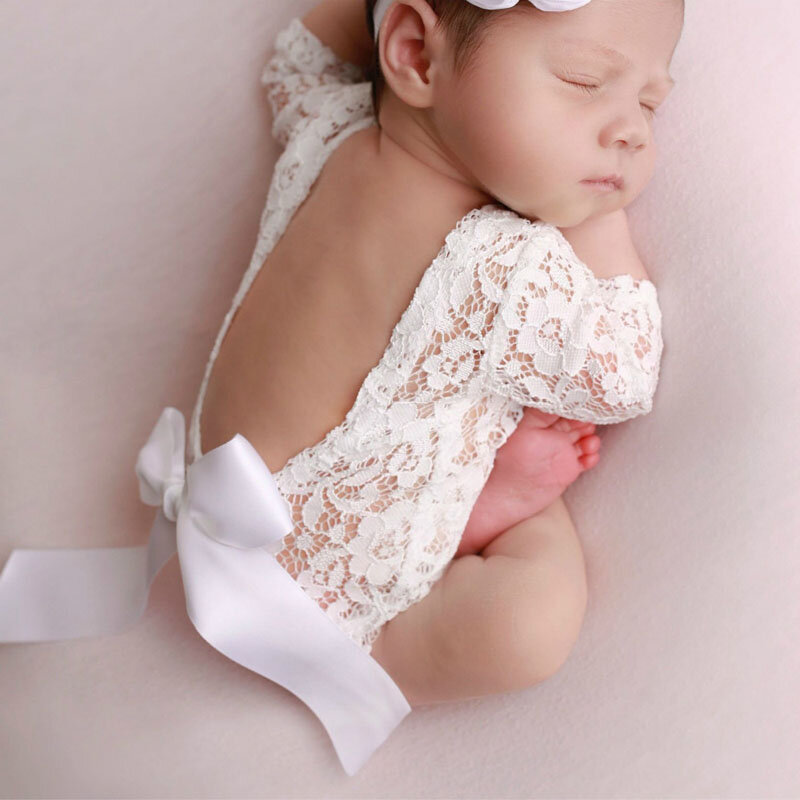 Leuke Kant Baby bodysuit Pasgeboren Kant Romper Photo Kleding Boog kant Haarband Set Fotografie Props Wit Roze Abrikoos kleur