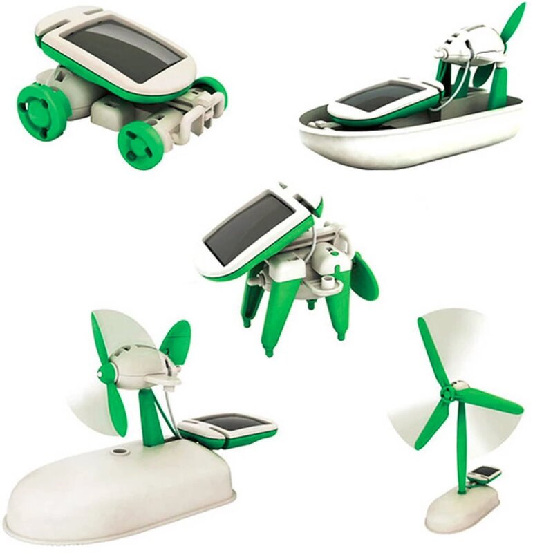 Mais recente energia solar 6 em 1 kit de brinquedo diy educacional ensino robô carro barco cão ventilador avião filhote de cachorro presente de aniversário!!!! venda quente!