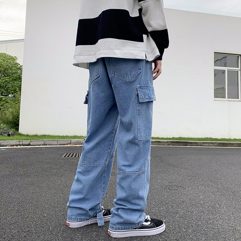 Męskie dżinsy z szeroką nogawką hip-hopowe męskie proste workowate spodnie dżinsowe Streetwear deskorolka spodnie neutralne spodnie Plus rozmiar S-5XL