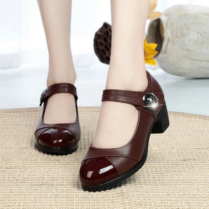 Cresfimix-zapatos de tacón cuadrado de piel sintética para mujer, calzado clásico, ligero, punta redonda, color negro, para oficina, Azuis, C6446c