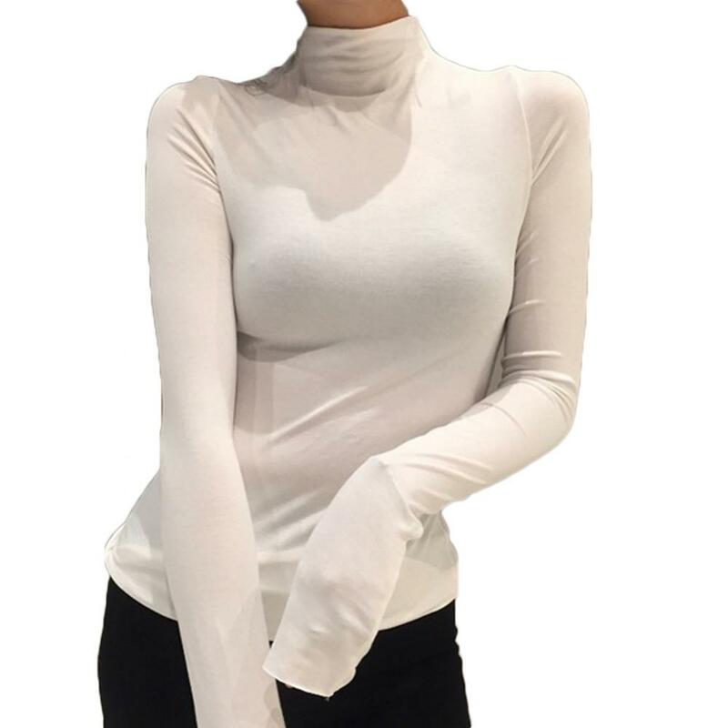 Blusa feminina manga comprida gola alta slim fit, camiseta feminina elegante social de cor sólida com gola alta, outono 2021