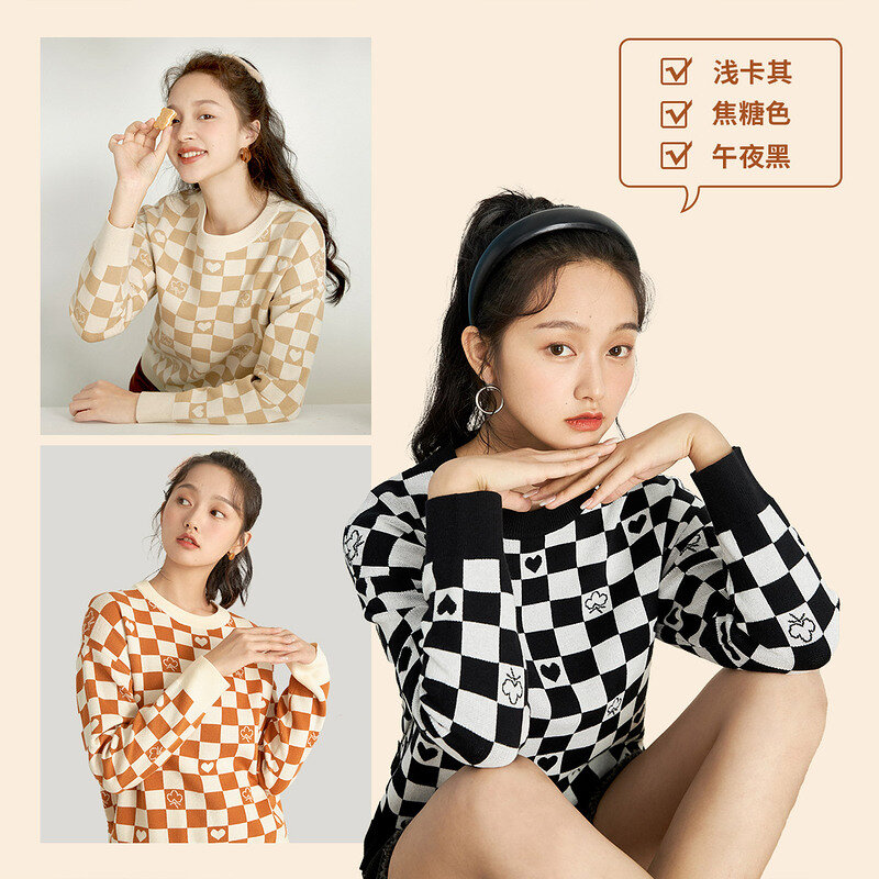 INMAN Women's Sweater Autumn Winter  Sweet Casual Checkerboard Heart Pattern Round Collar Loose All-Match Knitted Pullover Top
