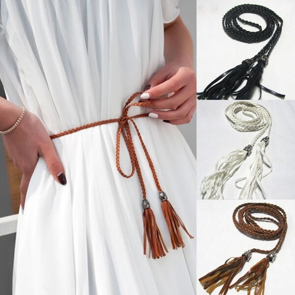 Boho Thin Waist Rope Belt Women Simple PU Leather Tassel Braided Self-Tie Belt 135cm-175cm