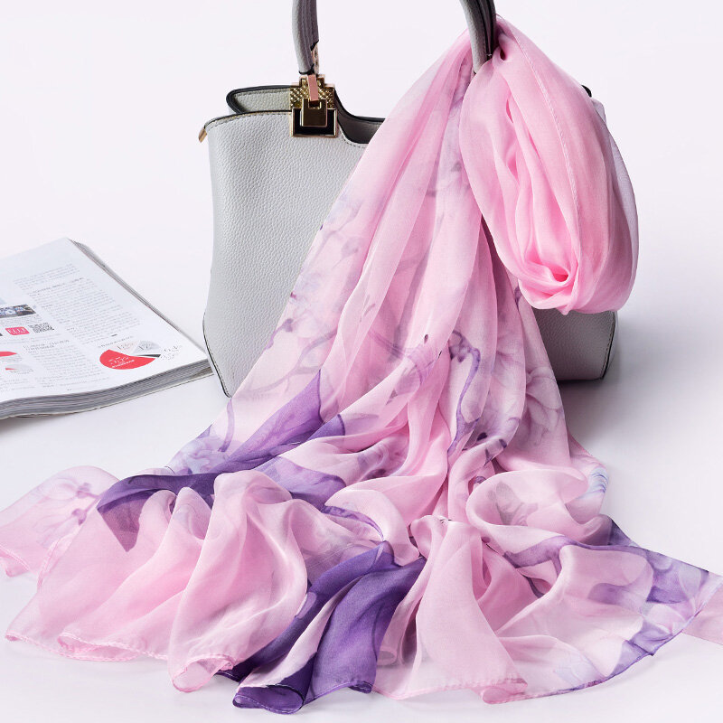 Syal Sifon Sutra Asli 100% untuk Wanita Syal Sutra Alami Hangzhou Syal Sutra Panjang Murni Print Merek Mewah Syal Sutra Foulard Femme