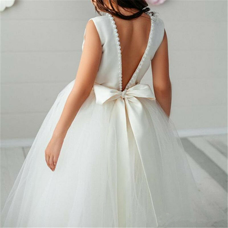 Пышное свадебное платье с открытой спиной, с жемчугом, с цветочным принтом, для первого причастия